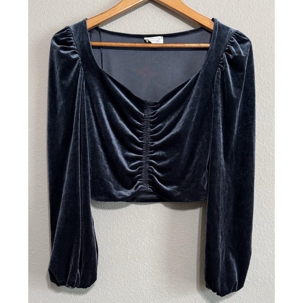 Meraki Women's M Crushed‎ Velvet Crop Top Shirt Blue Gray Metallic Steampunk